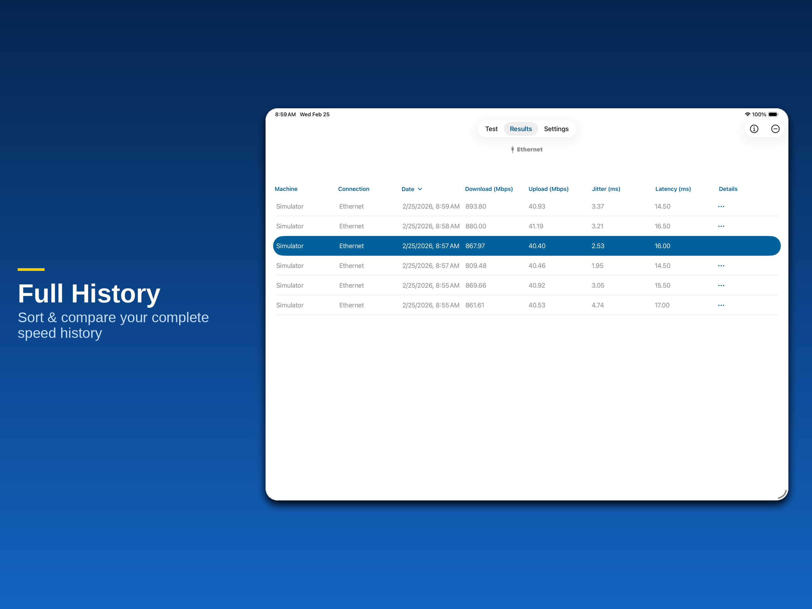 Full history table on iPad — showing all past speed test results in one view